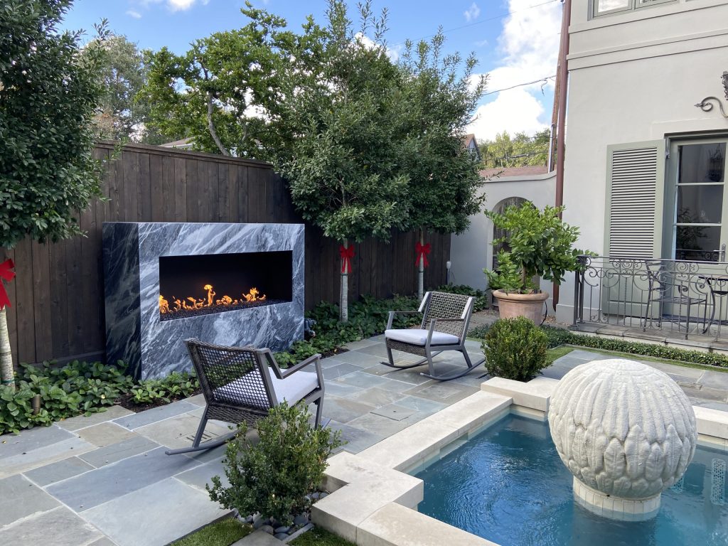 Acucraft Custom Open Outdoor Gas Fireplace with Black Reflective Glass Media (5) Acucraft Custom Open Outdoor Gas Fireplace with Black Reflective Glass Media