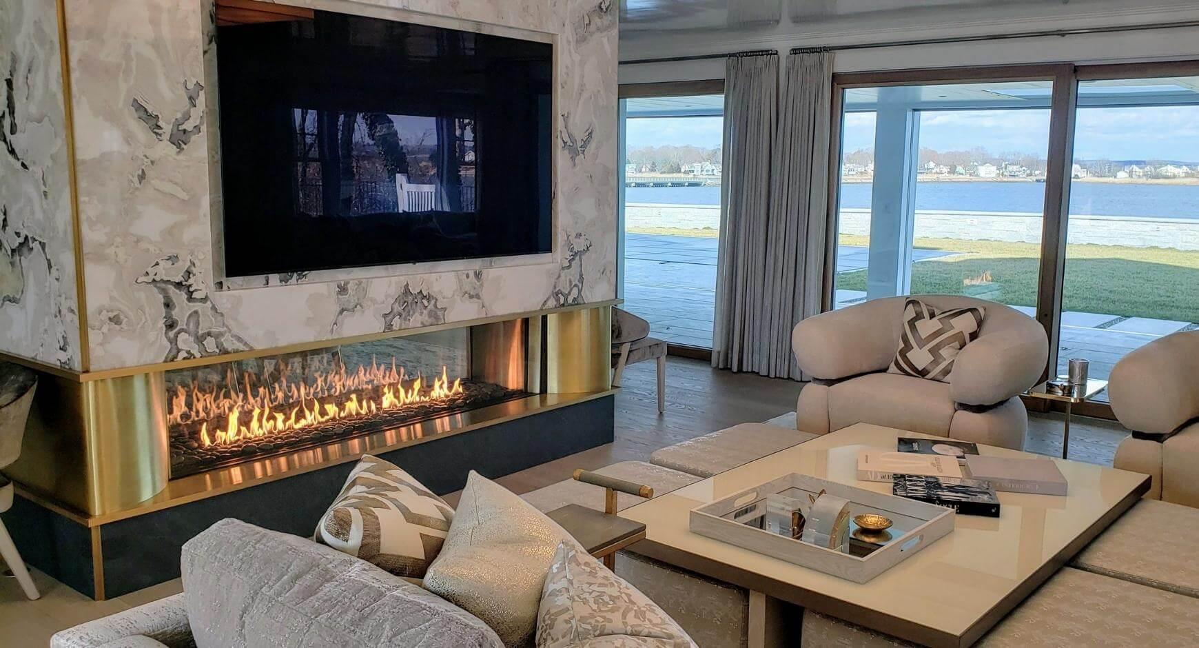 modern living room with fireplace and tv