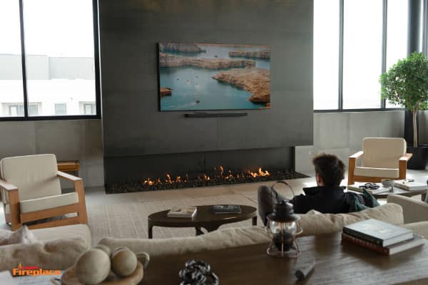 acucraft open panoramic 3 sided gas fireplace with no glass