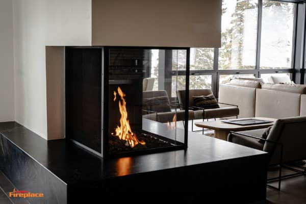 acucraft custom 3 sided open view gas fireplace with custom utah mountain shaped burner