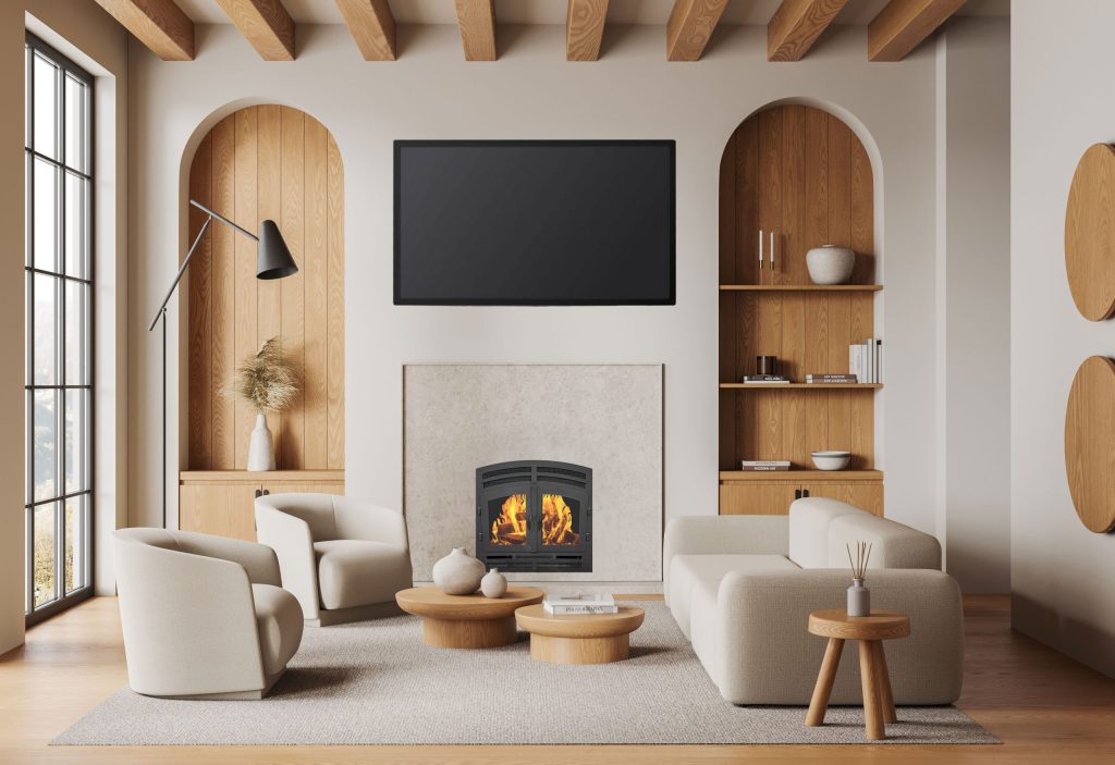 Contemporary interior featuring a compact wood fireplace framed by natural wood shelving and arched alcoves