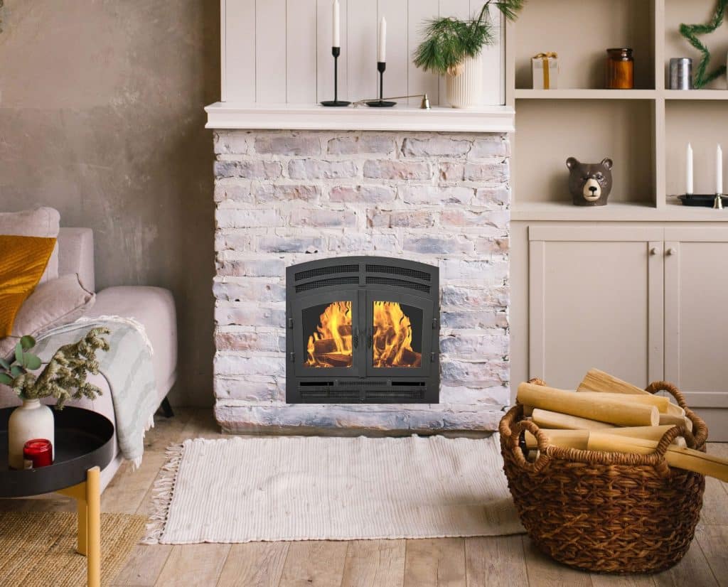 living-room-with-small-30-inch-wood-burning-fireplace-shrunk-UPDATED - Copy a compact wood burning fireplace in a cozy beige living room with stone surround