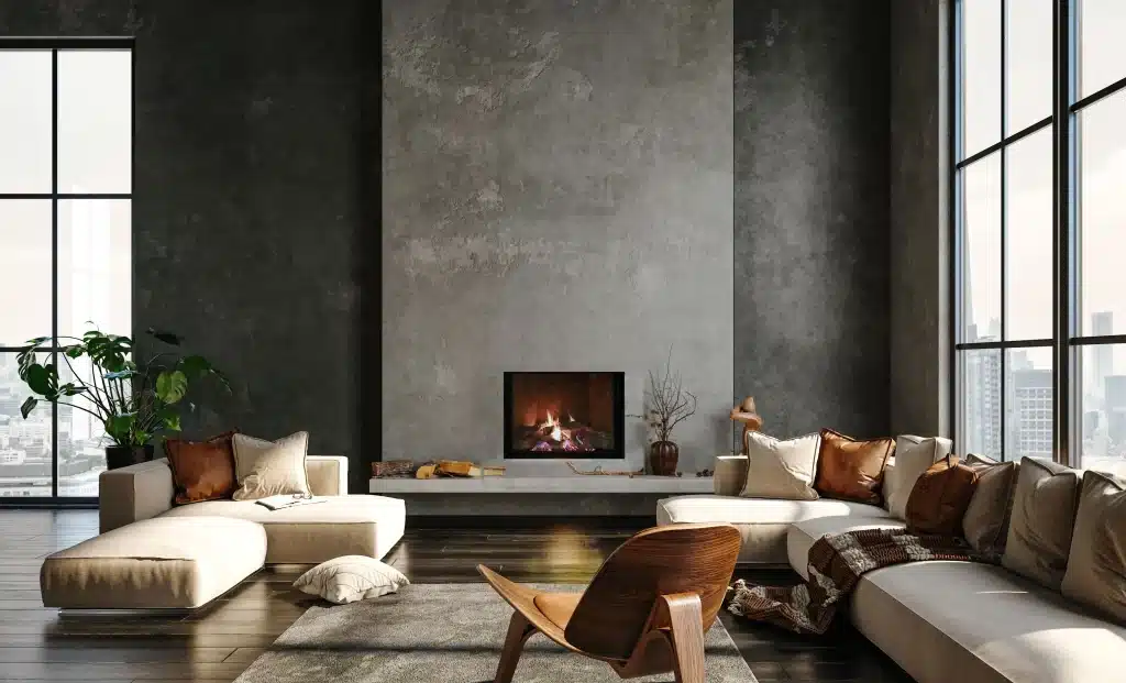 contemporary grray living room with classic frameless direct vent gas fireplace with gas logs