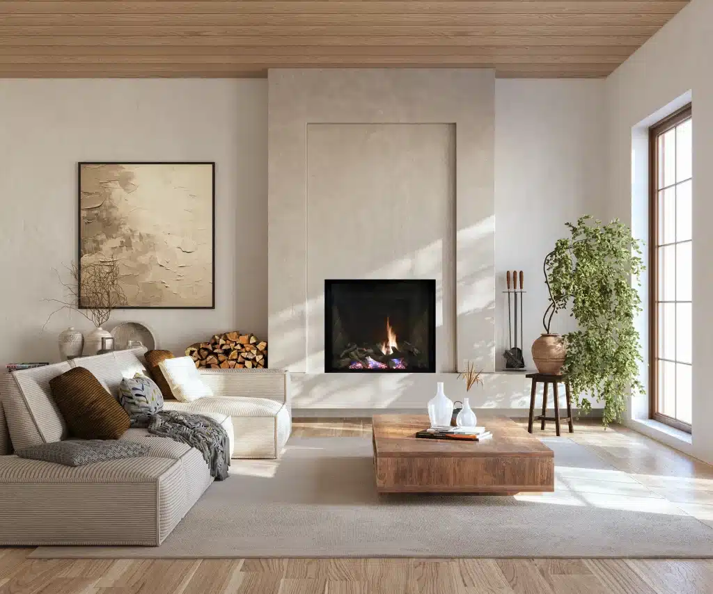 modern light beige living room with a traditional style gas fireplace with logs