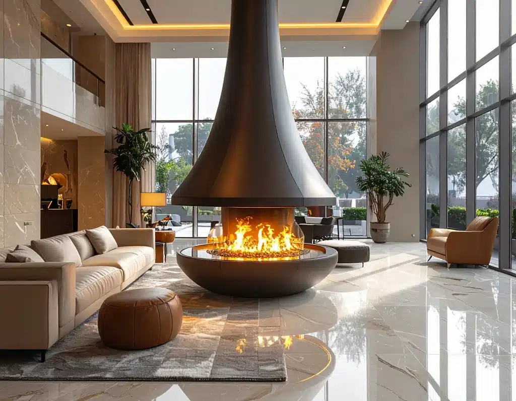 Acucraft Custom Circular Vapor Fireplace Rendering for Commercial Lobby