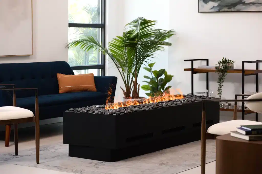 Acucraft Linear Vapor Indoor Fire Pit with Polished Gray Stones and Black Base